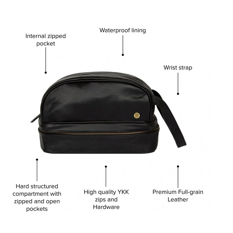 Large Black Leather Wash Bag with Pockets - Luxury Toiletries Bag