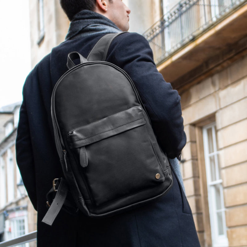 black leather college backpack MYMODAGLAM PU for Men & Women School Backpack with USB Charging Port Black Leather School Backpack