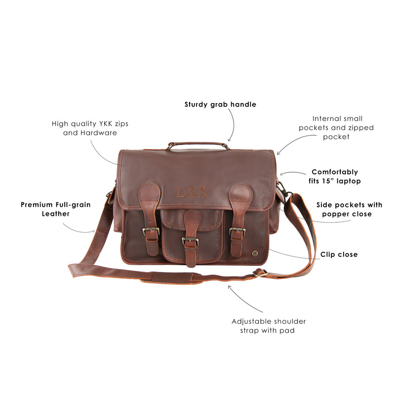 Brown Leather Satchel for students and professionals - 15" Laptop