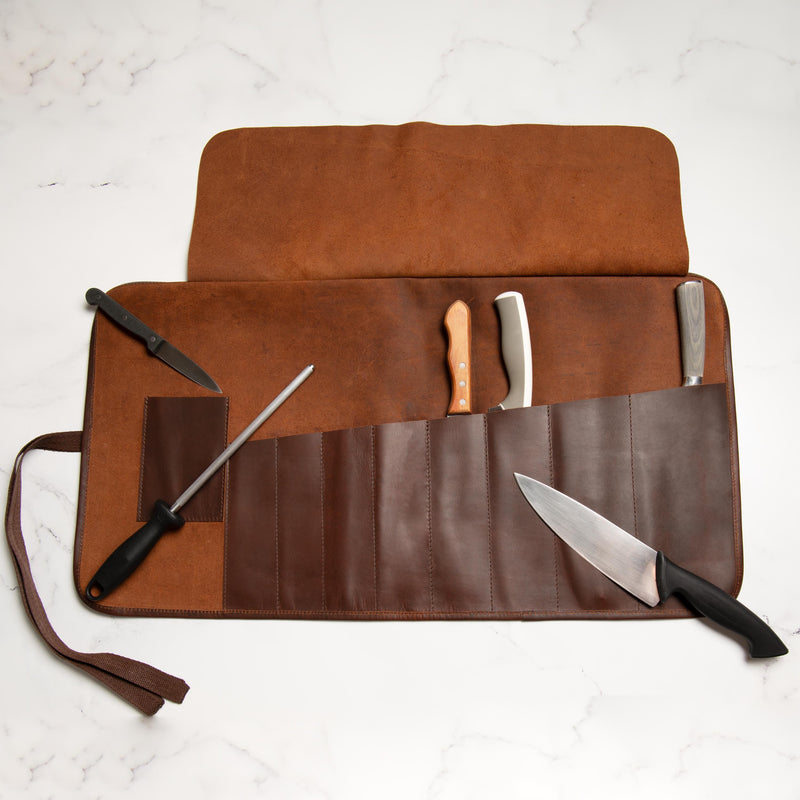 Laser Personalized Brown Leather Knife Roll