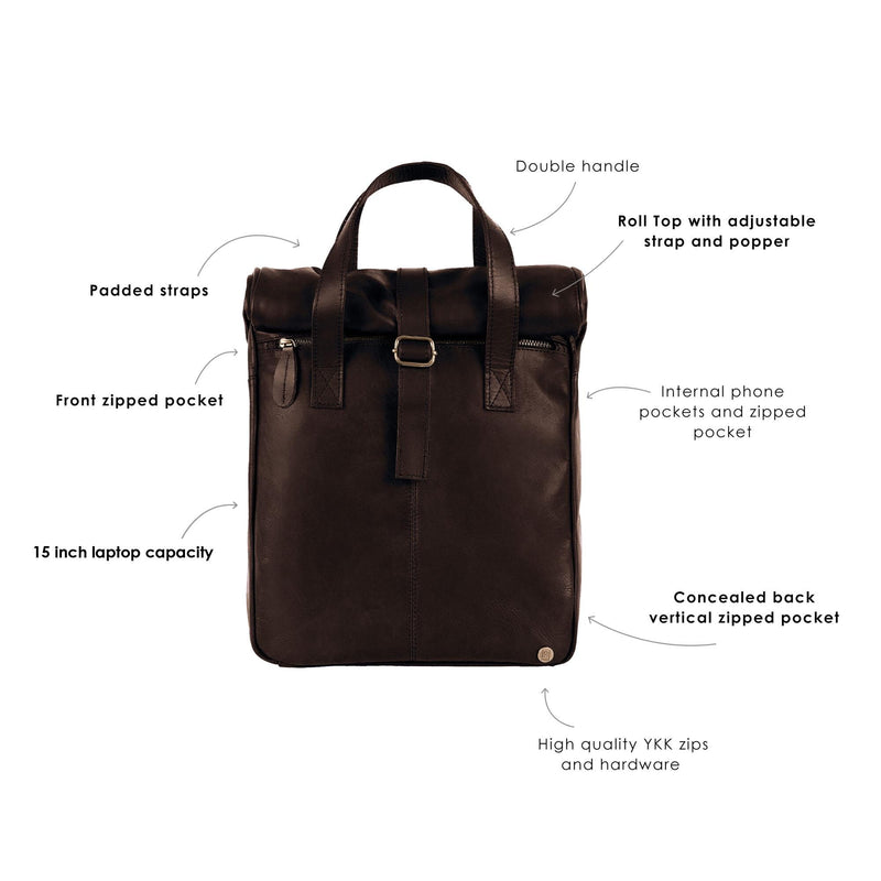 backpack designed for carry on luggage fold top leather Leather Roll Top Backpack | 15" Laptop Backpack | Leather Backpack For Men