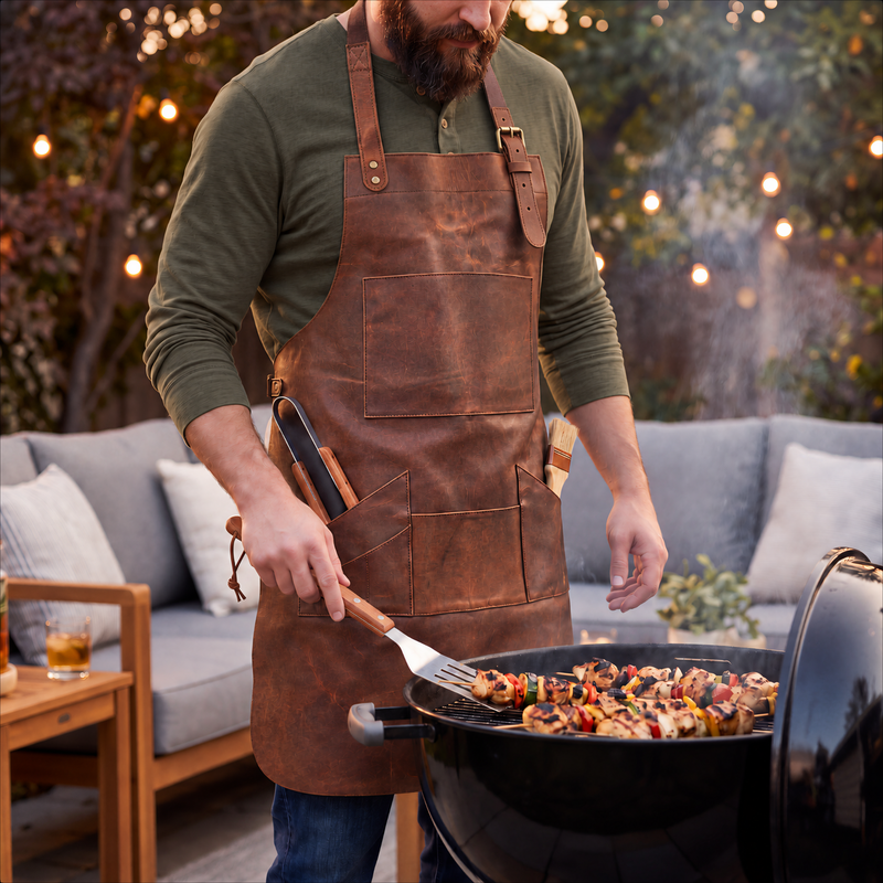 Multi-Pocket Brown Leather Apron | Full Grain Leather Apron for