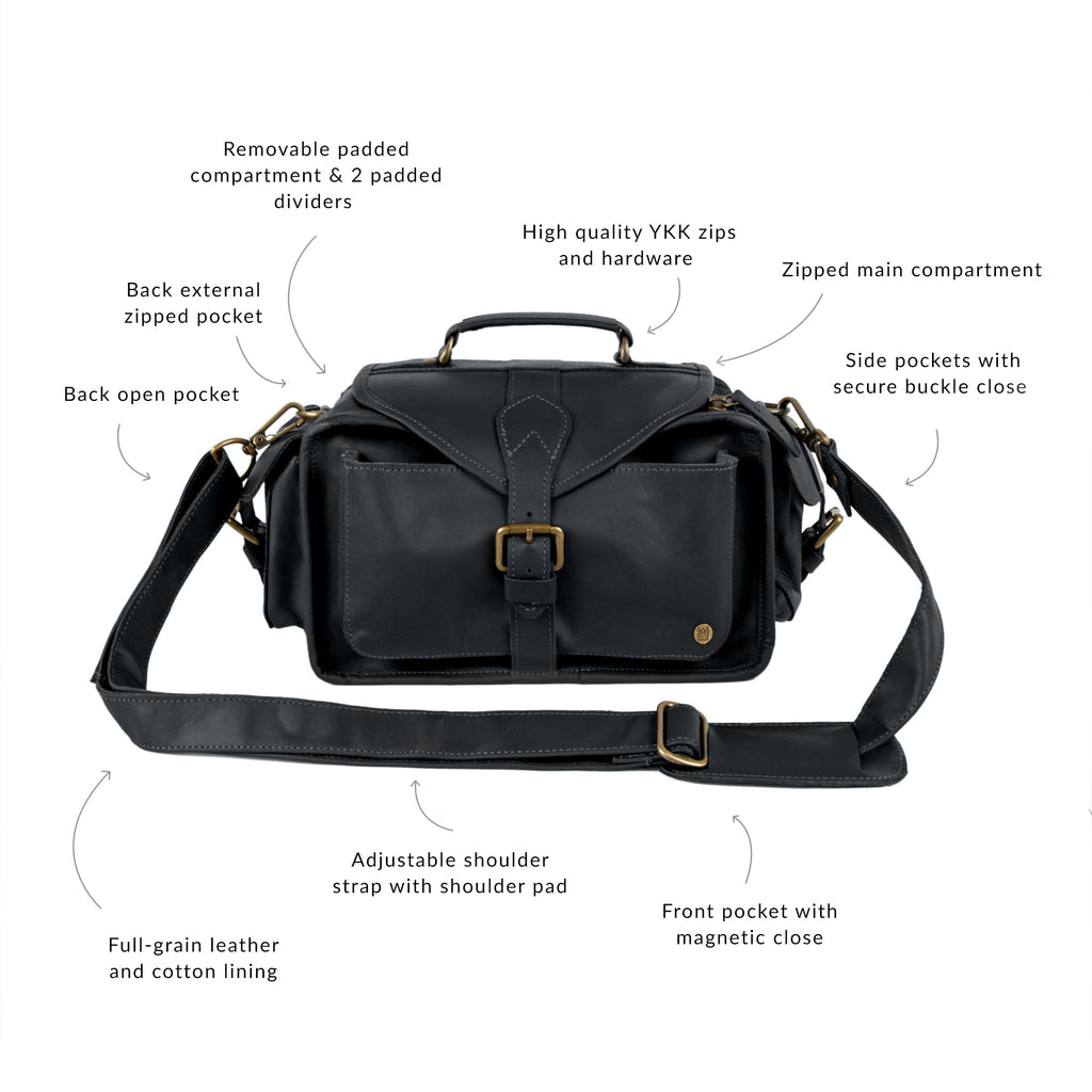 camera backpacks leather Ebony Black Leather Camera Bag