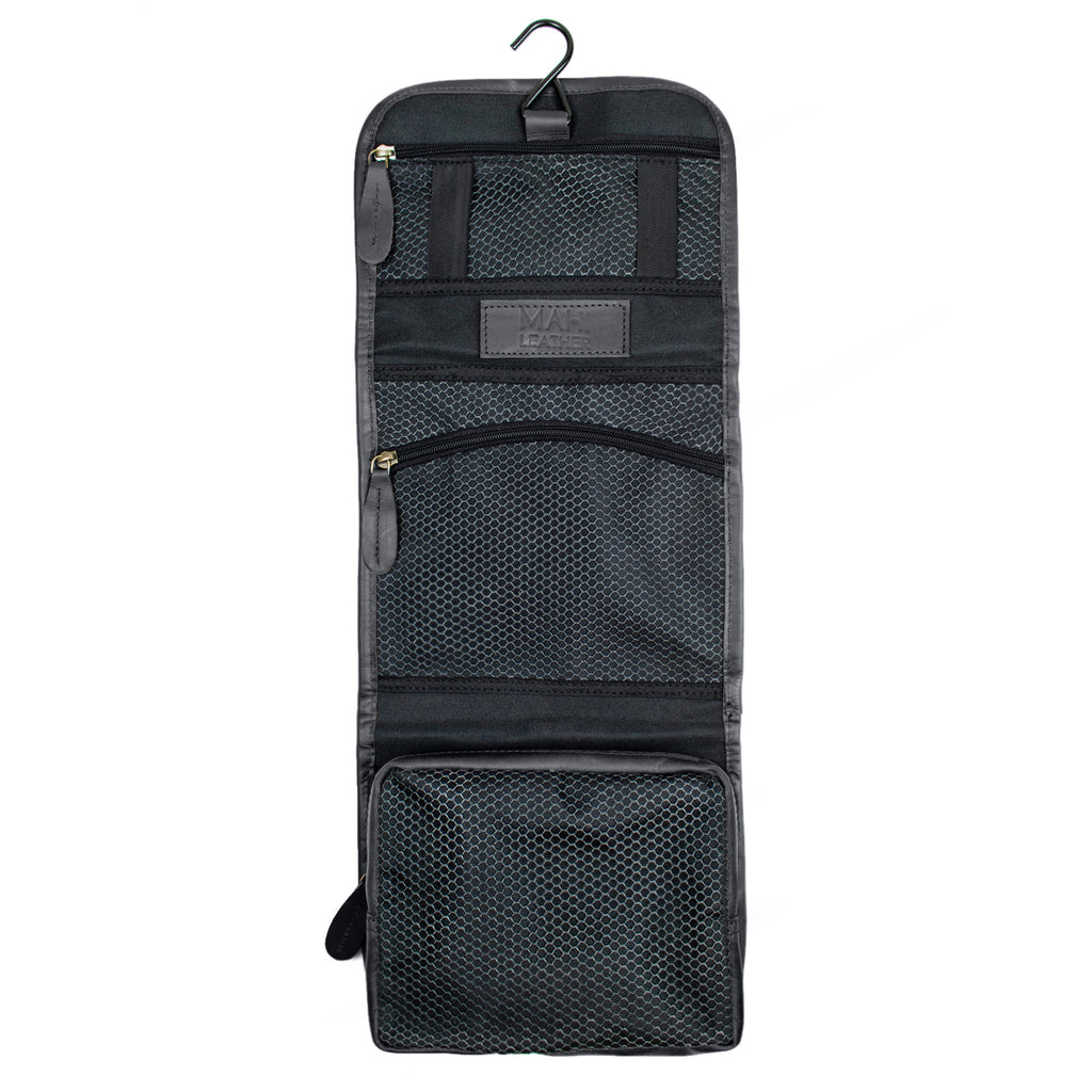 folding travel hanging toiletry bag Hooked Leather Hanging Wash Bag|Personalised Black Leather Toiletries Bag – MAHI Leather