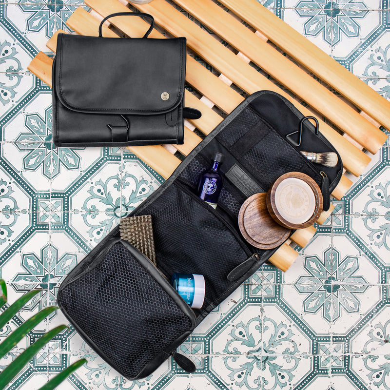 Hooked Leather Hanging Wash Bag|Personalised Black Leather Toiletries Bag – MAHI Leather