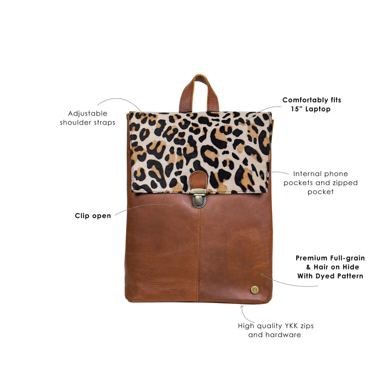 Leather Leopard Print Backpack with 15 inch Laptop Capacity