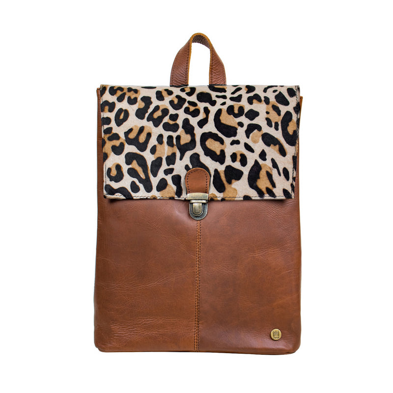 Leather Leopard Print Backpack with 15 inch Laptop Capacity