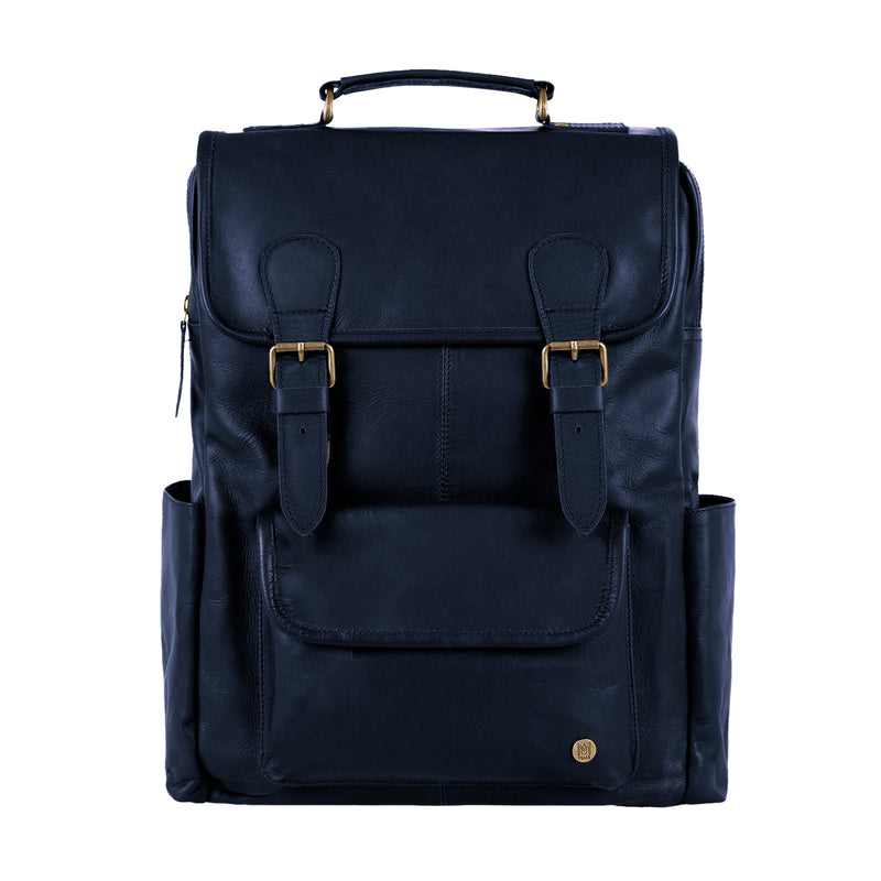 blue backpack leather straps Personalized Navy Leather Backpack 16" Capacity
