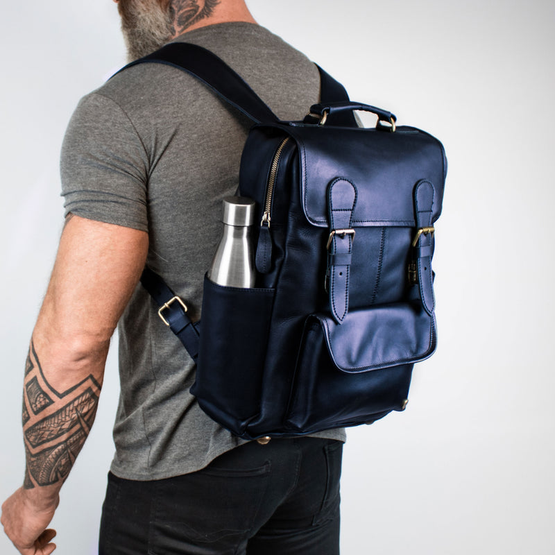 blue leather backpack wholesale Personalized Navy Leather Backpack 16" Capacity