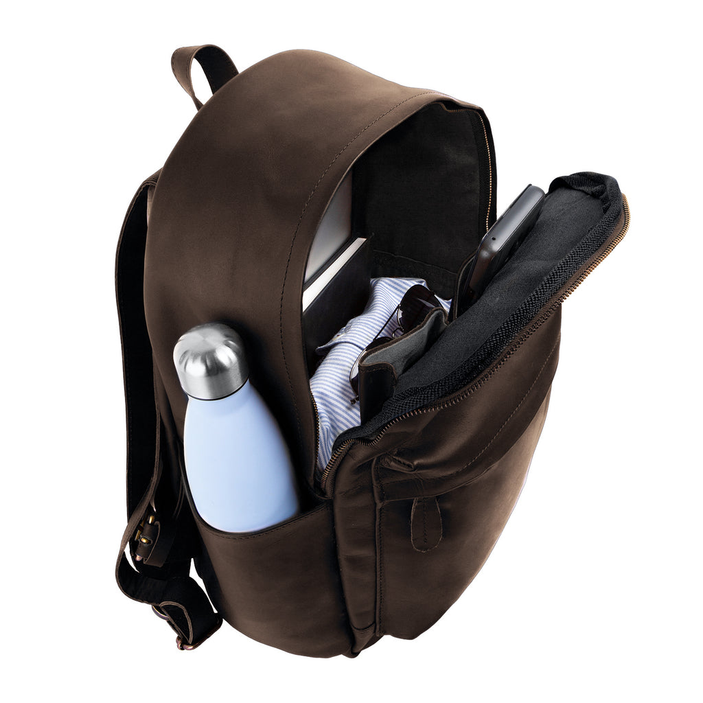 Personalized Dark Brown Leather Backpack with Side Pockets And 13 Inch Laptop Capacity Personalized (White)