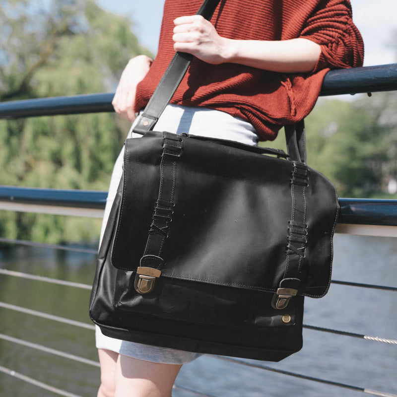 black leather backpack satchel Black Full Grain Leather Satchel with 15" Laptop Capacity Personalized (Black)