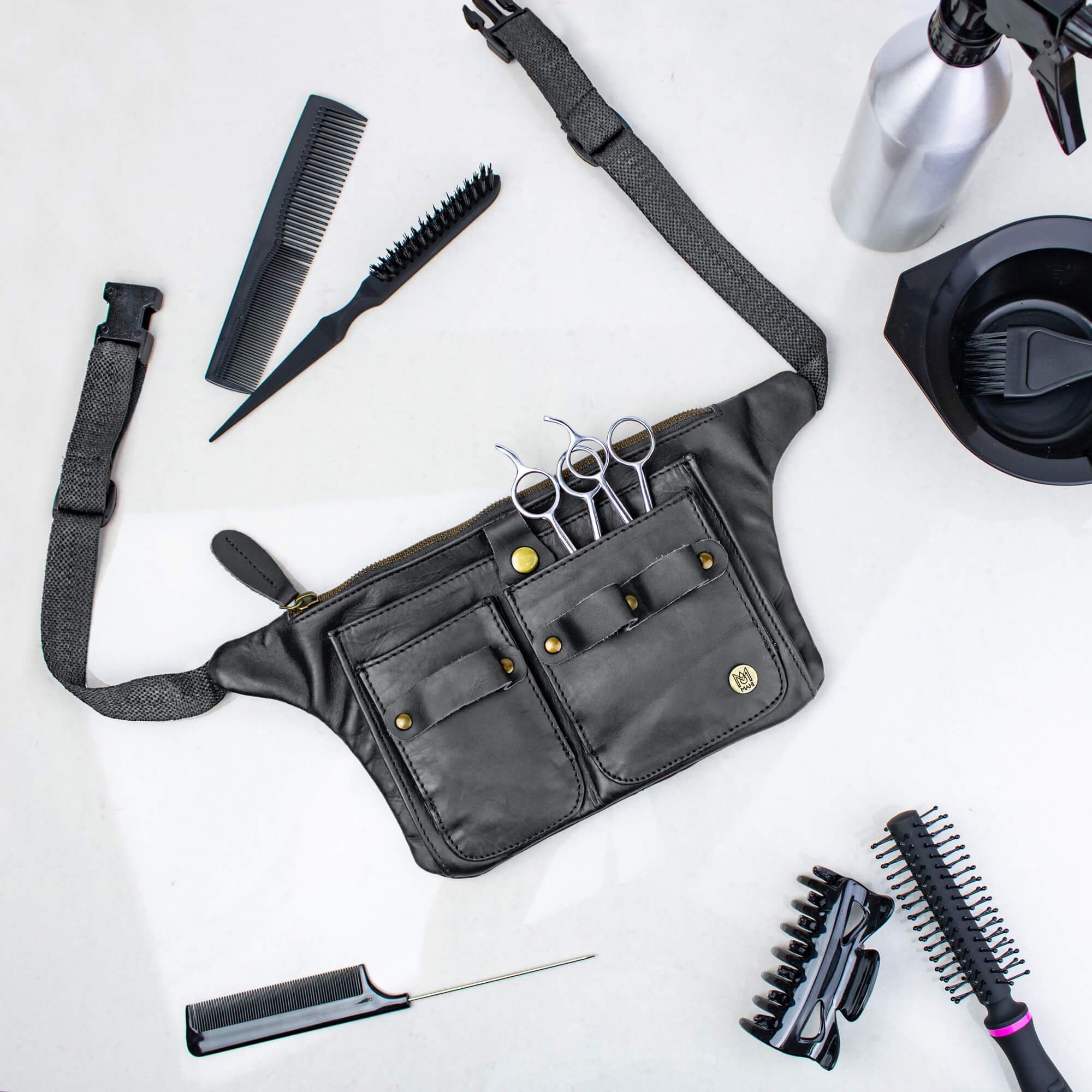 Black Leather Tool belt for Hairdressers and Makeup artists MAHI Leather
