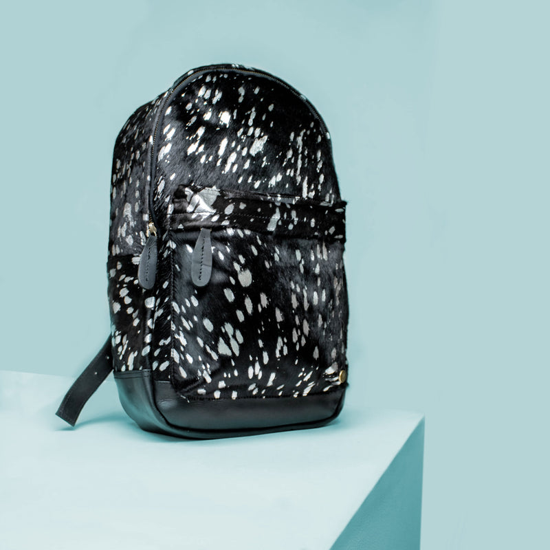black and metallic cheetah nike backpack Black + Silver Cowhide Backpack- Luxury Bags for School, College + Work