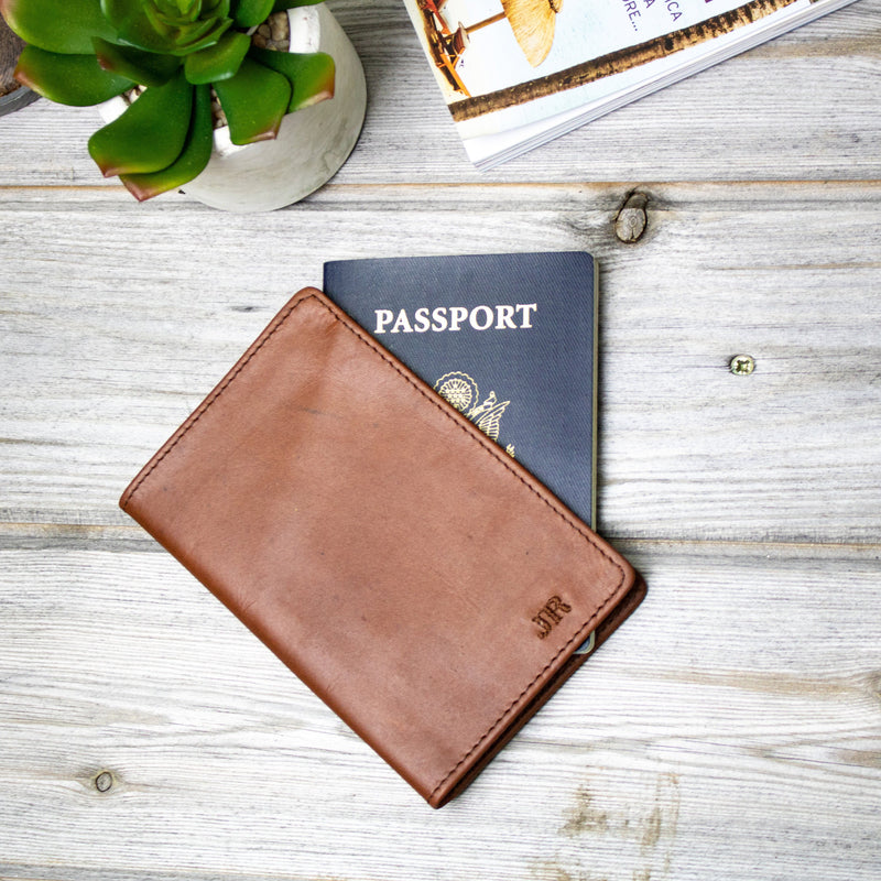 Personalised Brown Leather Passport Cover- Premium Travel Accessories Personalized (Black)