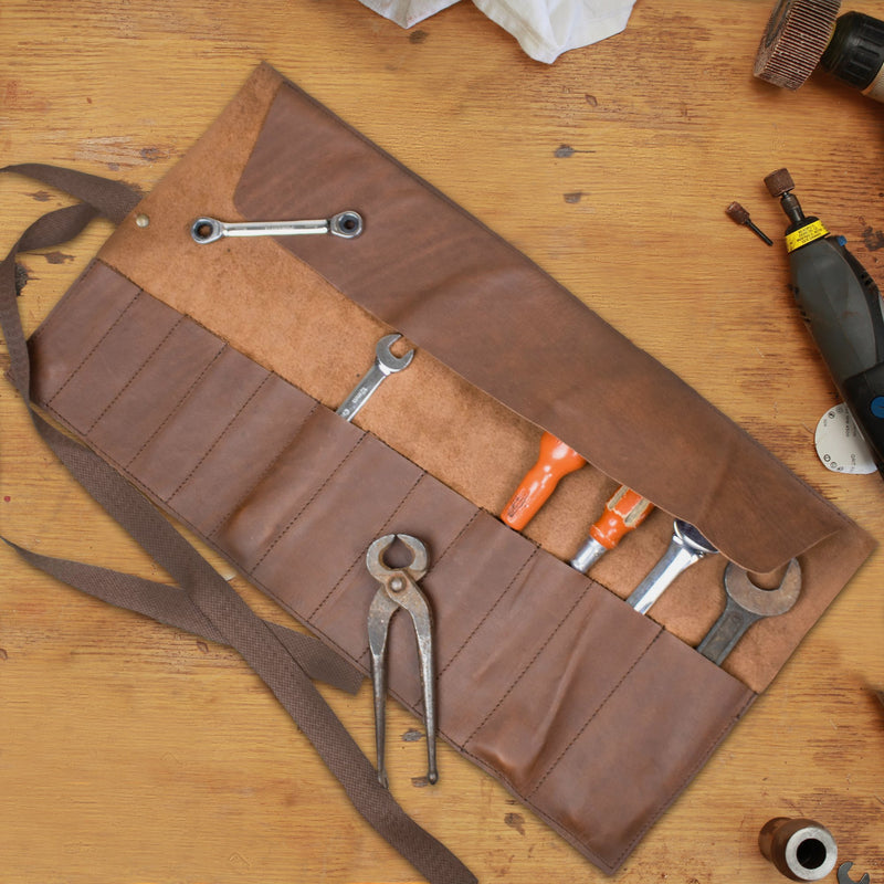 Brown Leather Tool Roll for Crafters, DIY Enthusiasts, Tool