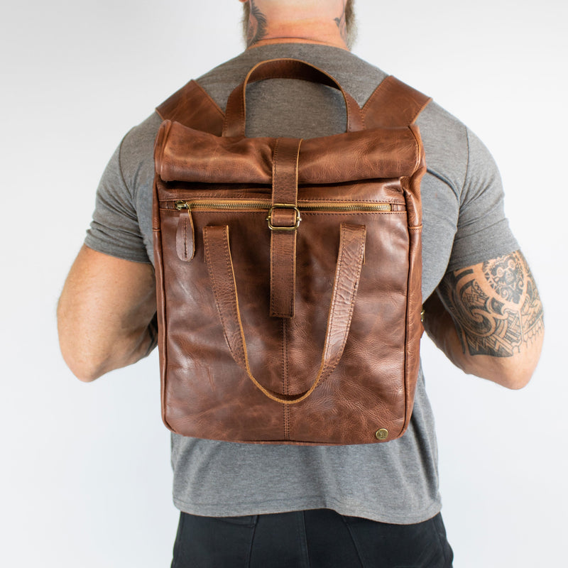 Brown Leather Vintage Style Roll Top Backpack with 15