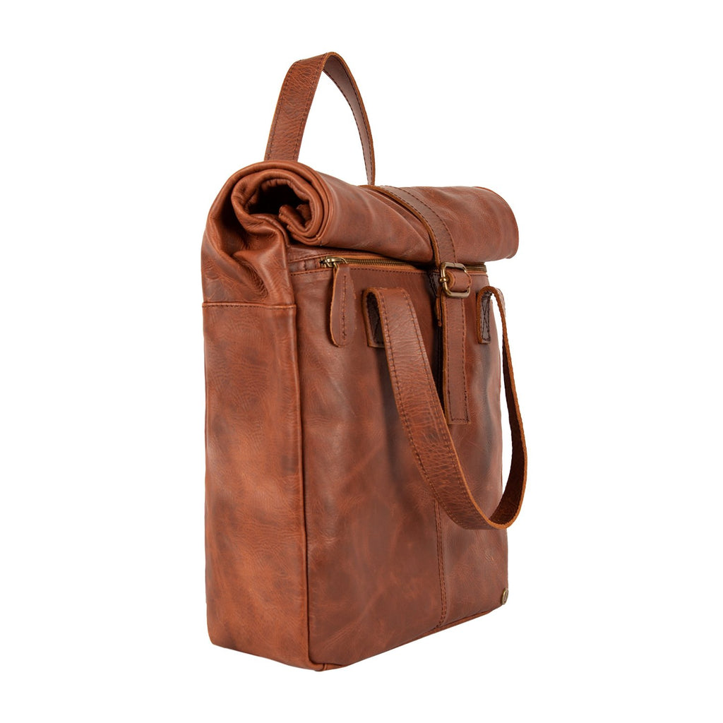 Minimalist Leather Roll Top Backpack, Custom Brown Rucksack For