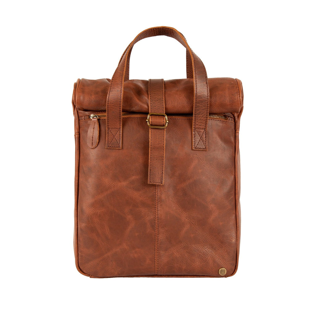 Brown Leather Vintage Style Roll Top Backpack with 15 Laptop