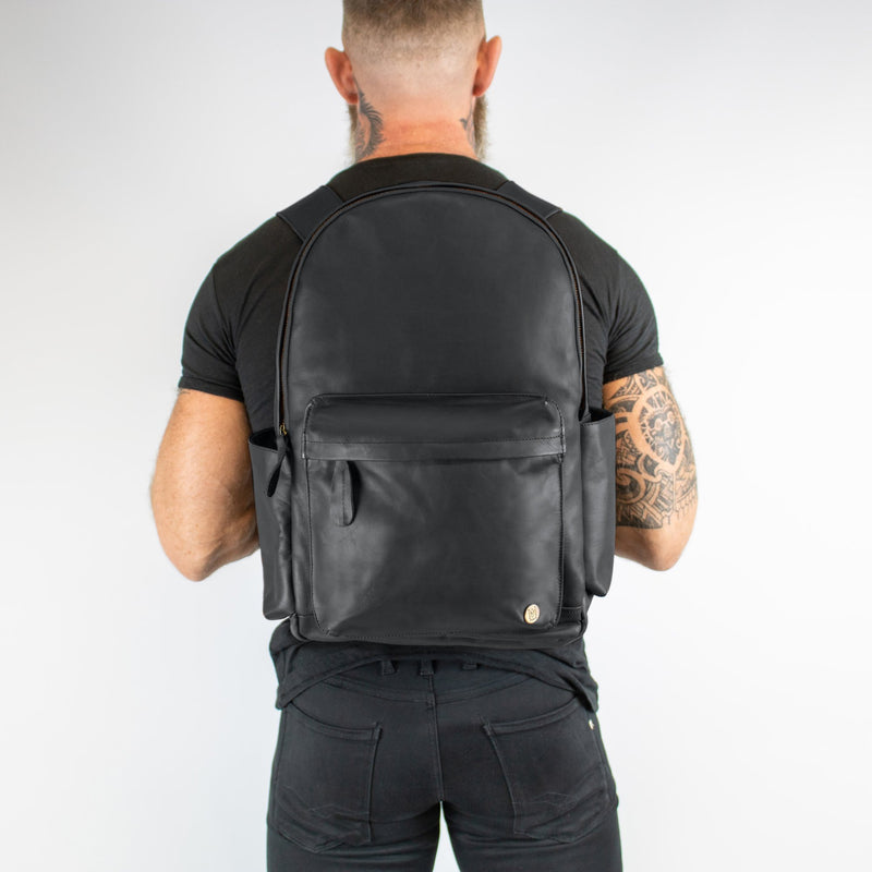 Classic Black Leather Backpack 16 Macbook Capacity