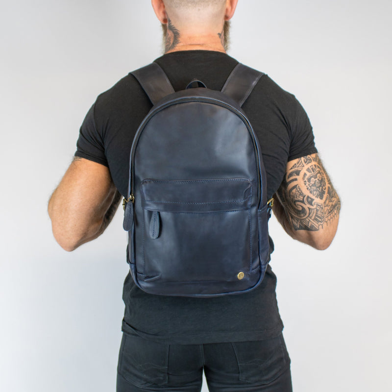 college leather backpack Classic Navy Leather Backpack For Work or College