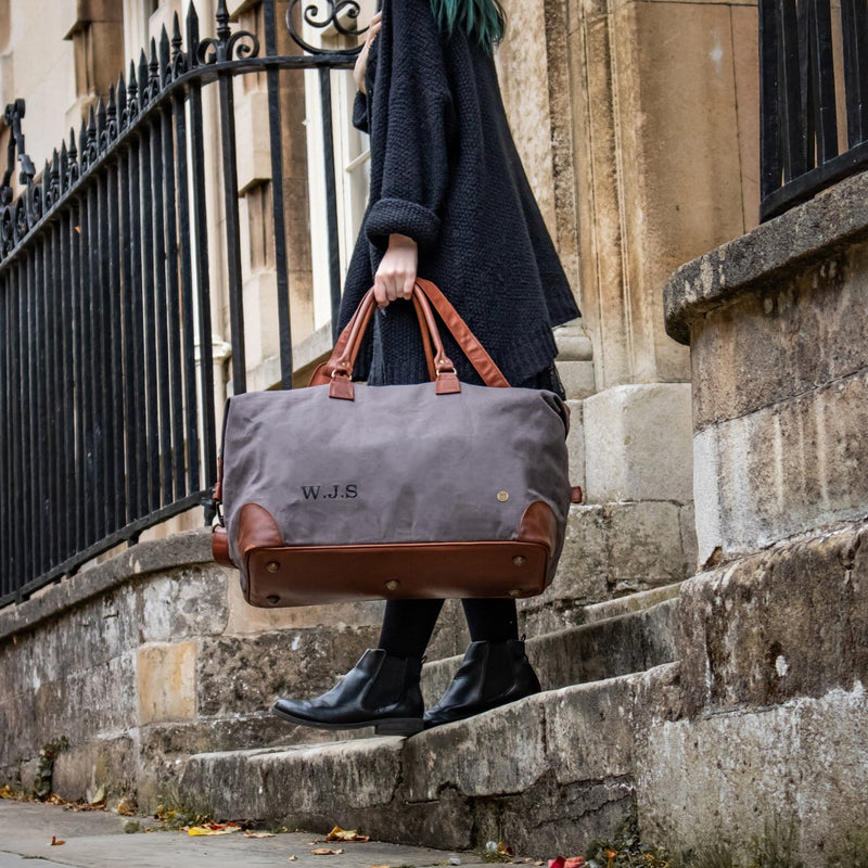 Classic Travel Bag in Grey Waxed Canvas Full Grain Leather