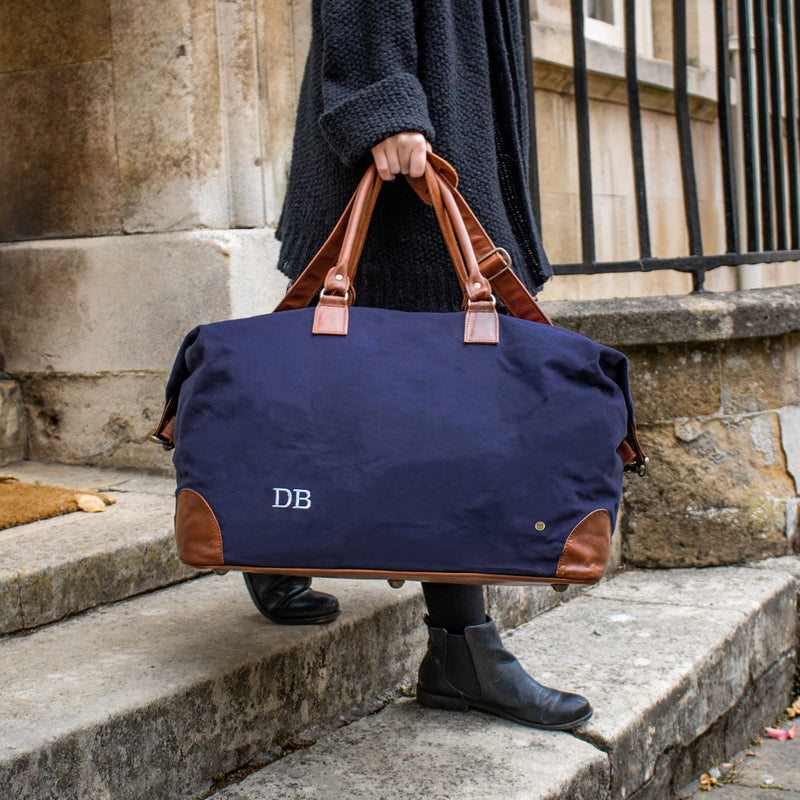 Navy Blue Canvas Travel Bag with Brown Leather Accents Weekend