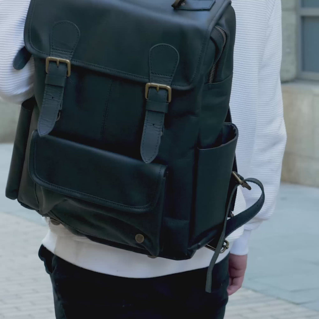 Square Black Leather Backpack 16