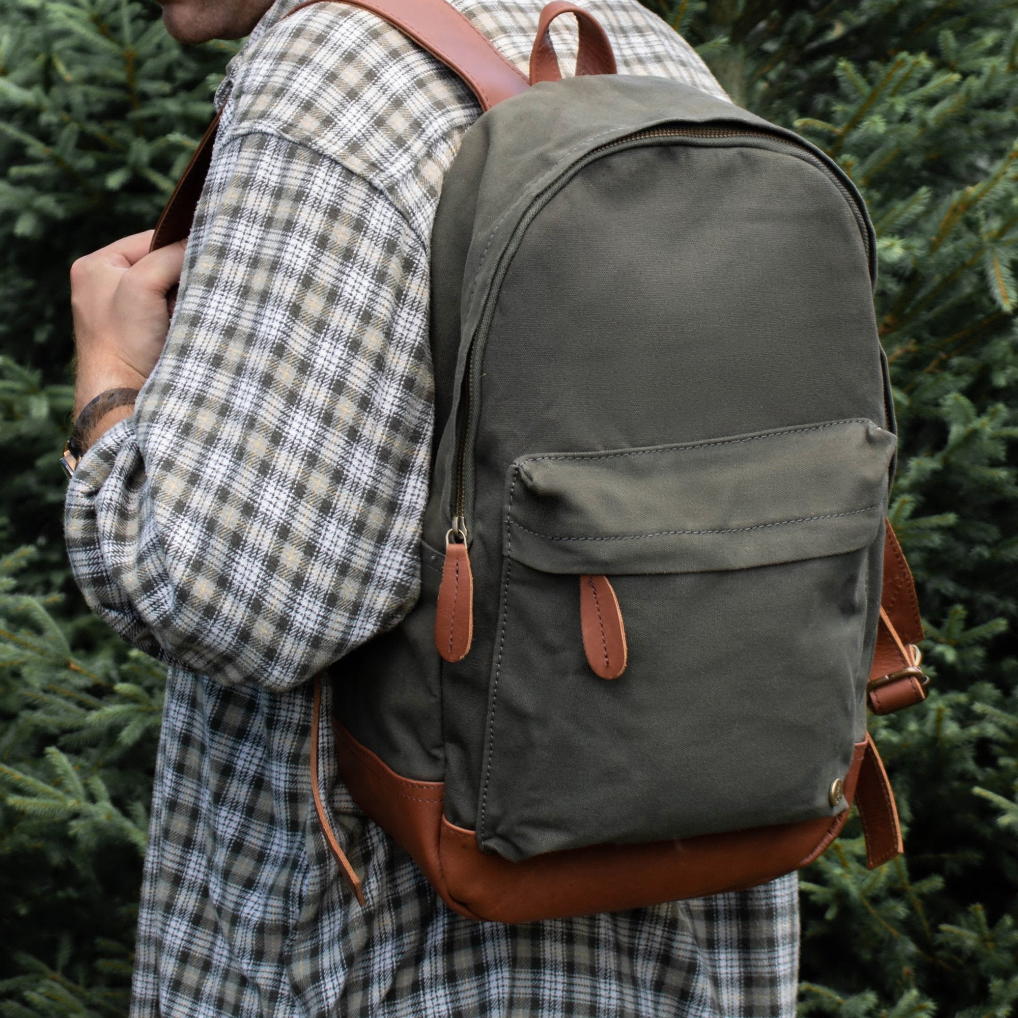 Green Canvas and Brown Leather Backpack For College | Back to School ...