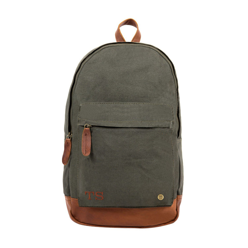 green canvas and brown leather backpack for school college gym