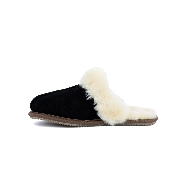 Ladies Black Sheepskin Slippers | Suede Upper & Fluffy – MAHI Leather