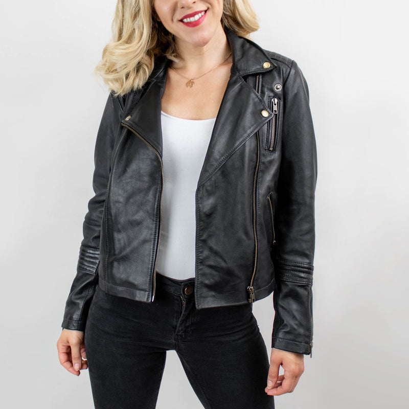 Ladies Black Leather Biker Jacket