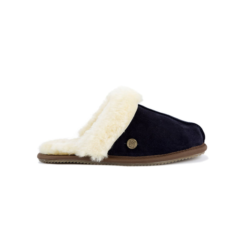Ladies Navy Sheepskin Slippers | Suede Upper & Fluffy – MAHI Leather