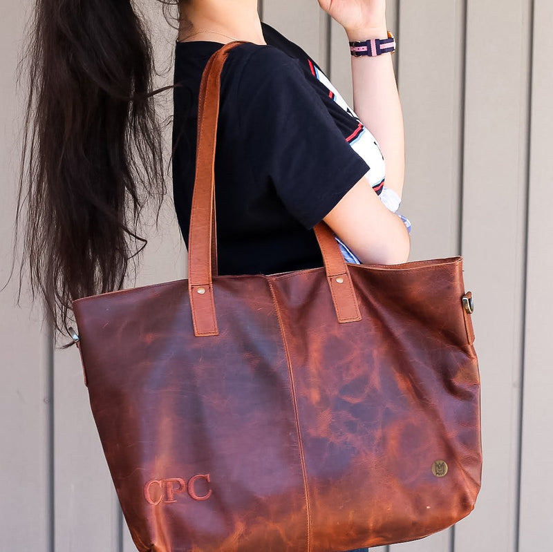 brown leather tote backpack Leather Tote Bag For Work, College, and School, by MAHI, Not Personalized