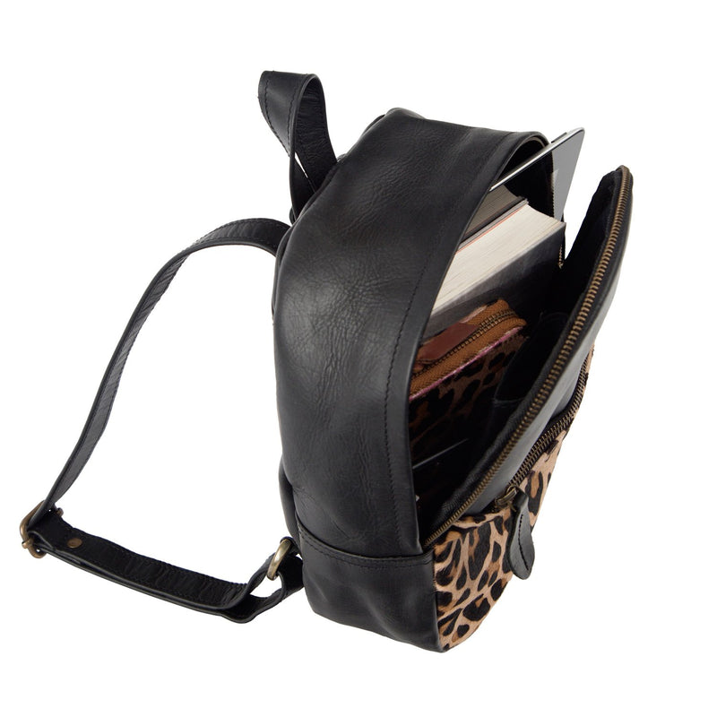 Leopard Print Black Leather Mini Backpack Leopard Print Leather