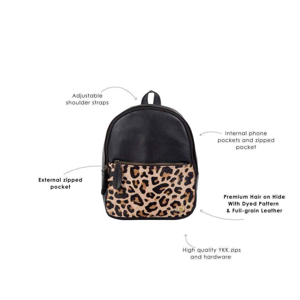 Leopard Print Black Leather Mini Backpack Leopard Print Leather