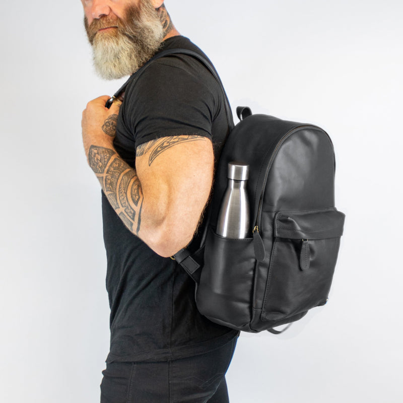 black leather backpack odm Personalized Black Leather Backpack with Side Pockets, Not Personalized