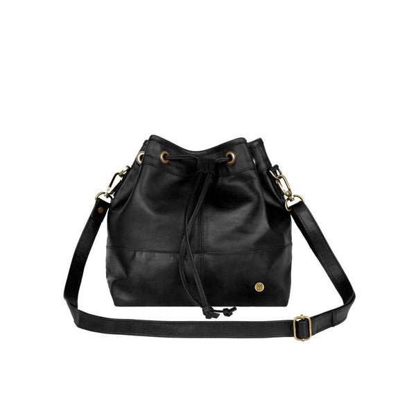 Personalised Black Leather Bucket Bag -Drawstring Tote Bag for