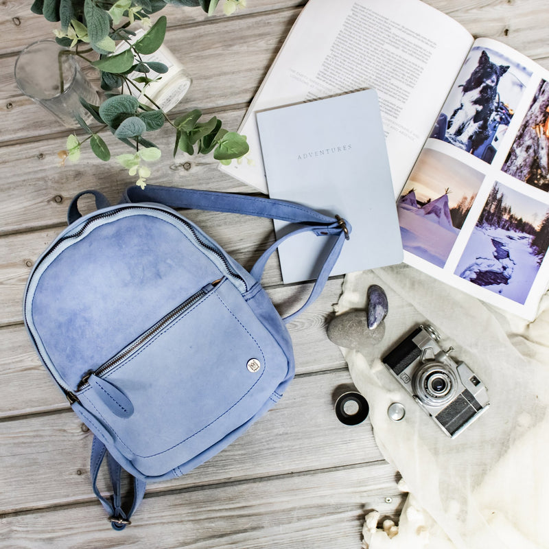 Personalized Blue Suede Leather Mini Backpack
