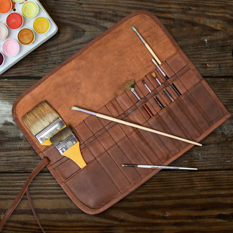 Personalised Brown Leather Artists Roll, Pencil Case, Brush Holder