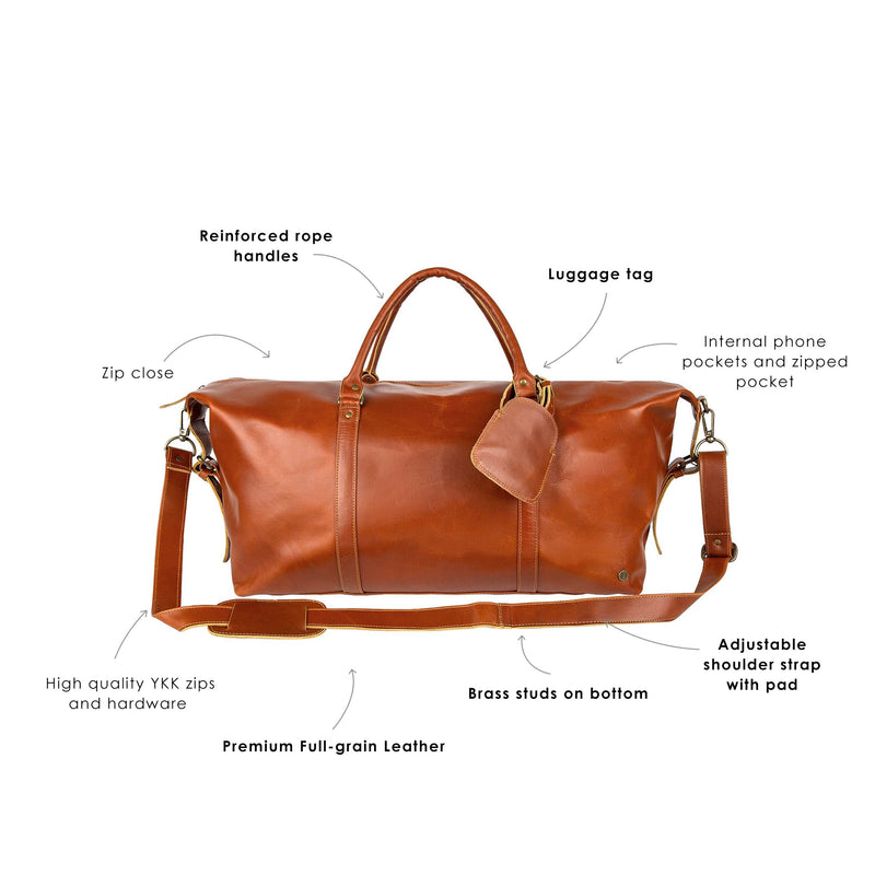 Personalized Large Buffalo Leather Weekend Bag in Tan Brown – MAHI