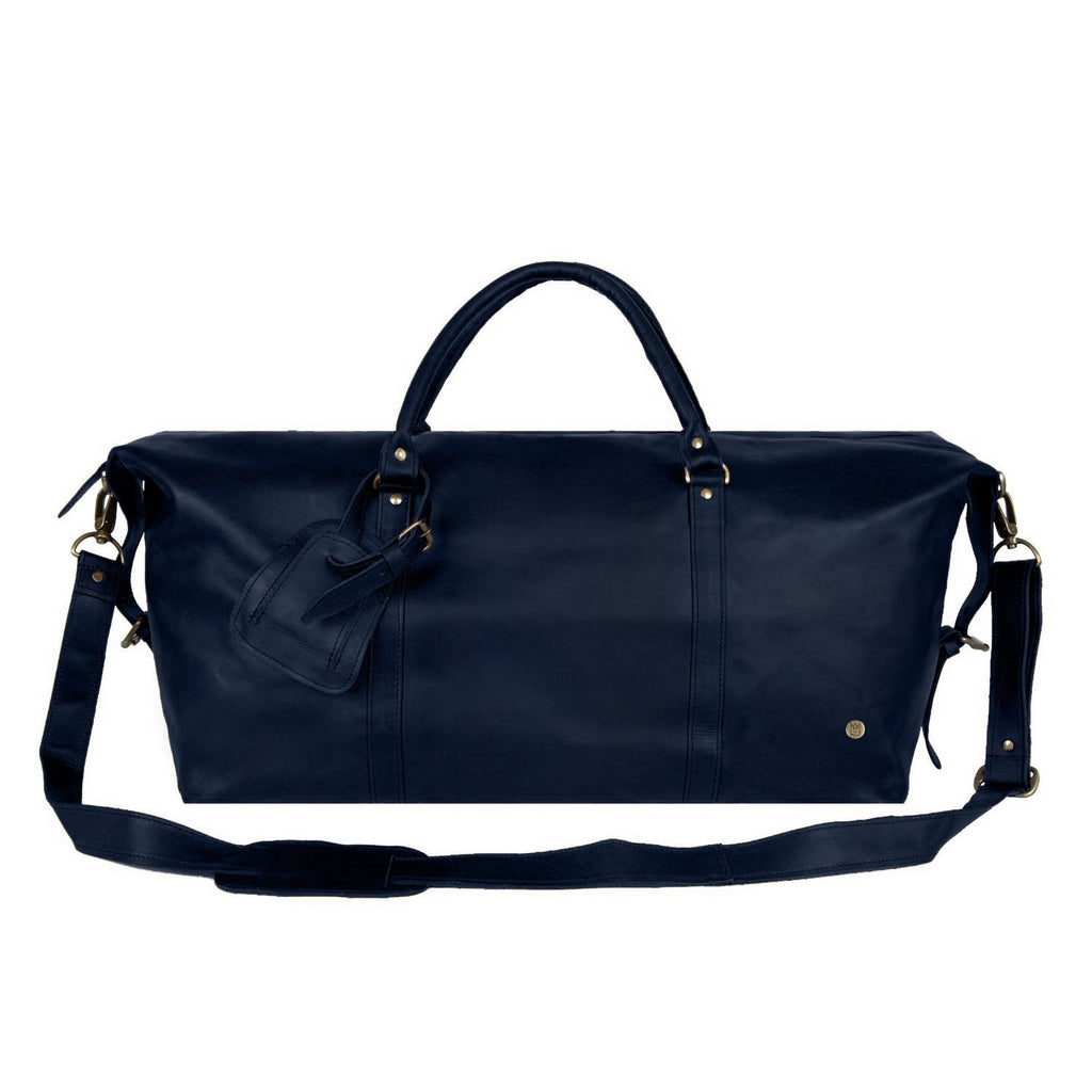 Personalized Large Full Grain Leather Weekend Bag in Navy Blue – MAHI ...