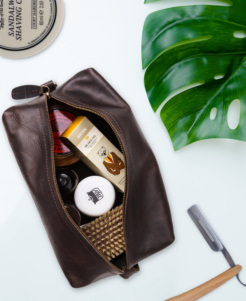Personalized Leather Wash Bag| Dark Brown Leather Dopp Kit for Men Personalized (Black)