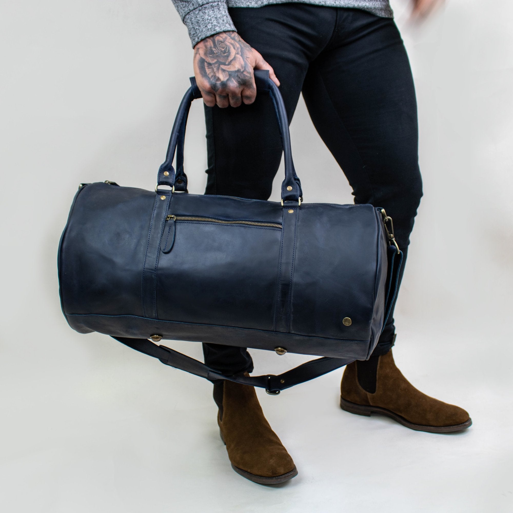 Premium Navy Blue Leather Duffle Bag Overnight Bag, Travel Bag MAHI