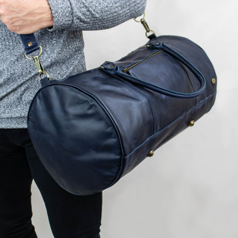 Navy Blue Canvas Travel Bag with Brown Leather Accents - Weekend Bag – MAHI  Leather