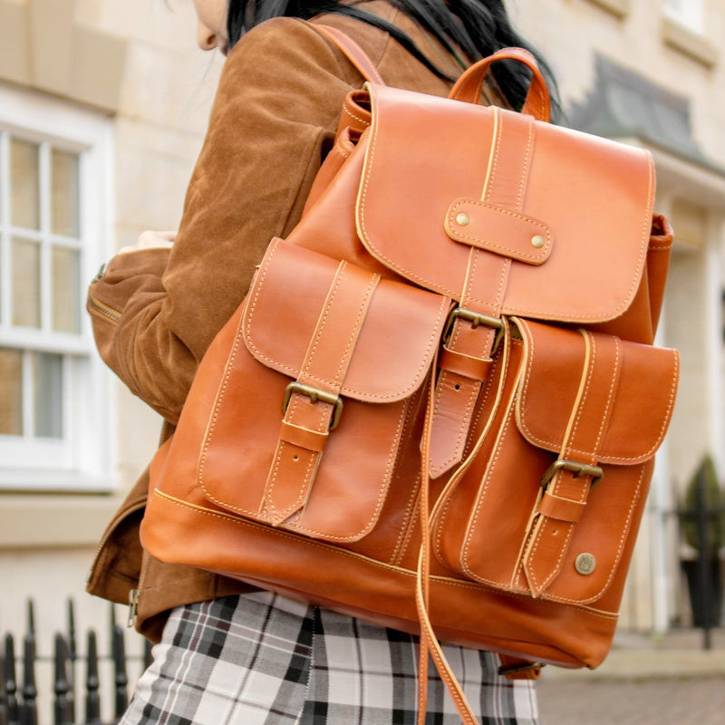 backpack bags leather Personalised Tan Leather Drawstring Backpack With Pockets – MAHI Leather