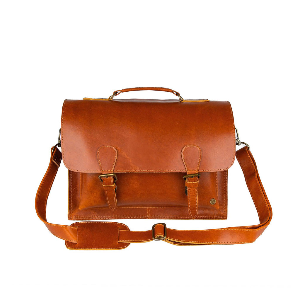 Tan Leather Messenger Satchel with 15