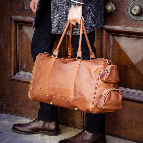 Travel Bag with shoe compartment in Cognac color Leather